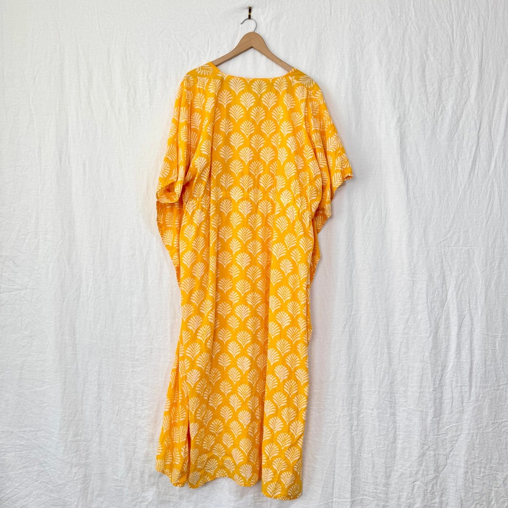 Pax Philomena Limoncello Maxi Kaftan Dress Yellow Cotton Block Print One Size - Picture 4 of 7